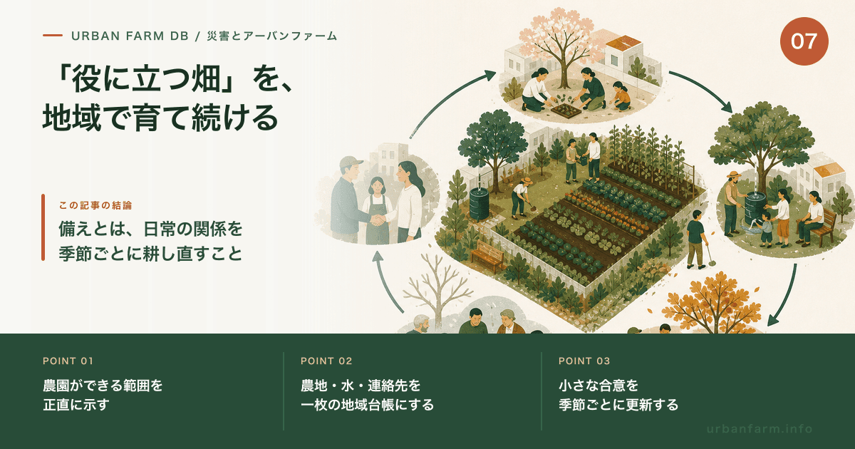 都市農園を中心に、人・水・知識と季節ごとの合意が循環する地域の姿を示す図解