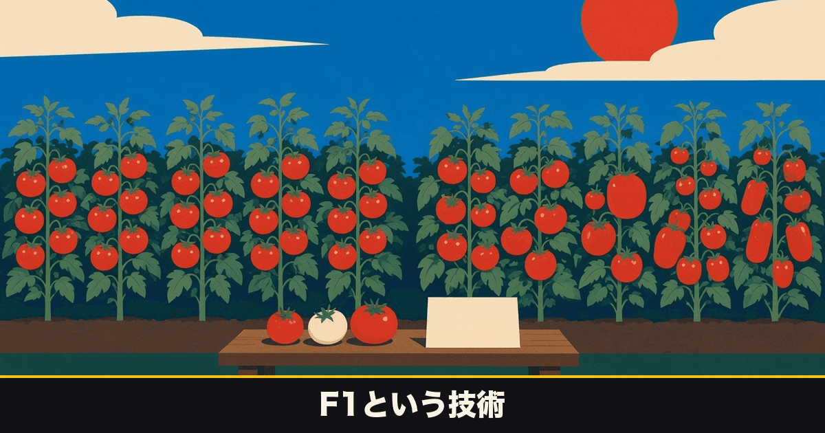 Poster-style illustration: on the left a row of uniform round tomatoes, on the right plants with fruit of mixed shapes and sizes; a bench in front holds mismatched fruit and a blank card; black title band along the bottom