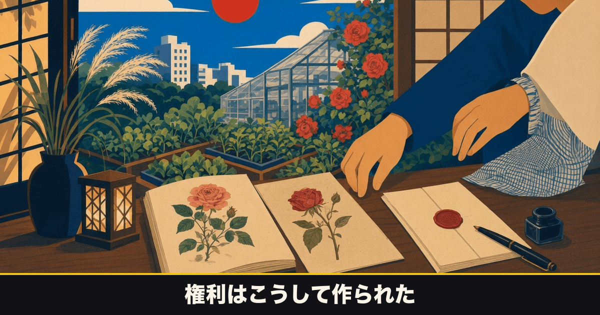 ポスター風のイラスト。机にバラの植物図譜、押し葉標本、封蝋のついた書類と万年筆。窓の外に温室と赤いバラ。下の黒い帯に「権利はこうして作られた」