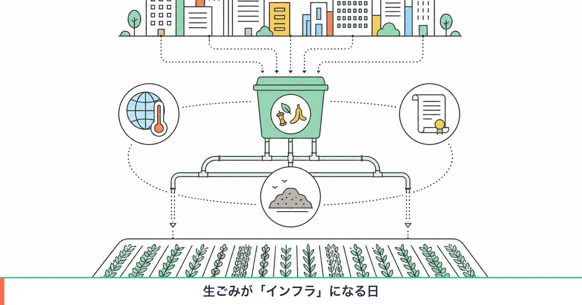 Diagram showing three currents — climate targets, food-waste law and landfill scarcity — pushing food scraps toward infrastructure