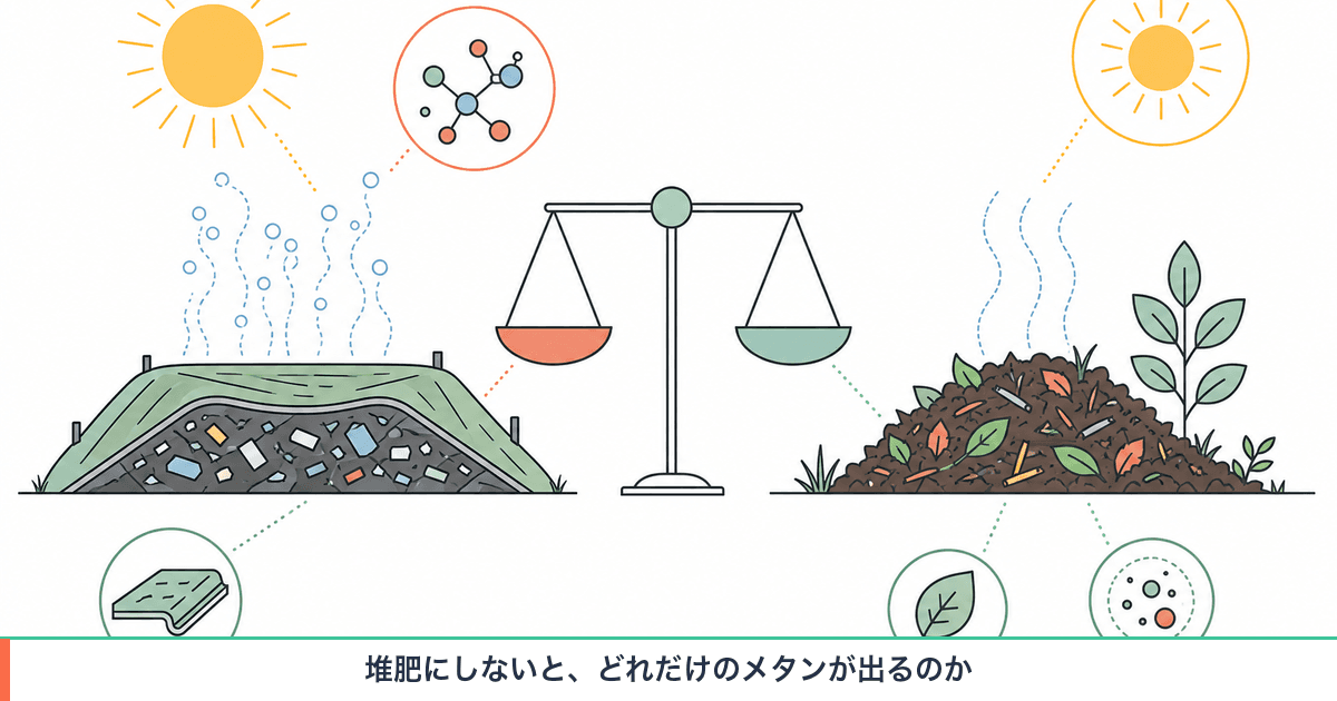 生ごみが埋立地・堆肥化・バイオガス化の三つの出口に分かれ、それぞれメタンと二酸化炭素をどれだけ出すかを比較した図解
