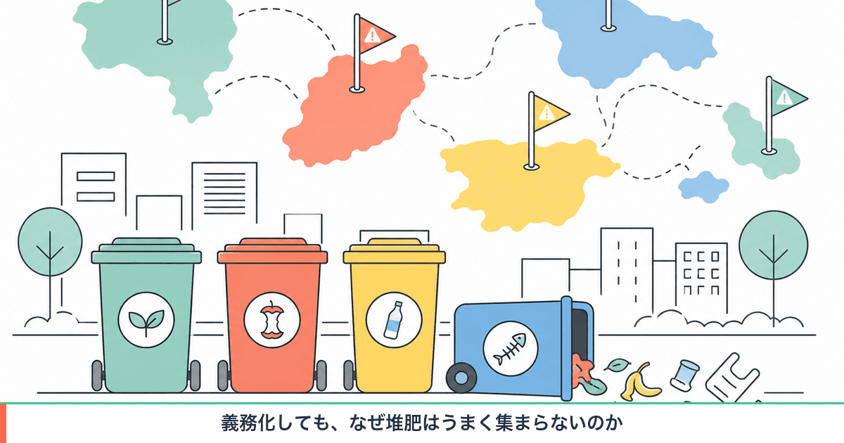 義務化から堆肥化までの流れが、家庭の分別・回収の受け皿・処理施設の能力という三つの段階で細くなっていく構造を示す図解