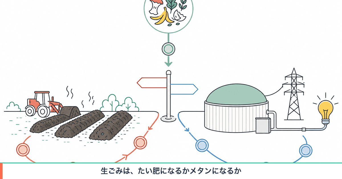 同じ生ごみが堆肥化とメタン発酵の二つの経路に分かれ、それぞれの収入源と費用を比較する図解