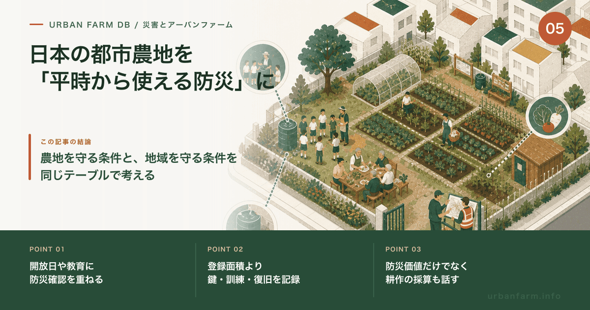 日本の都市農地で、開放日・防災訓練・井戸・耕作継続を一体で運用する様子の図解
