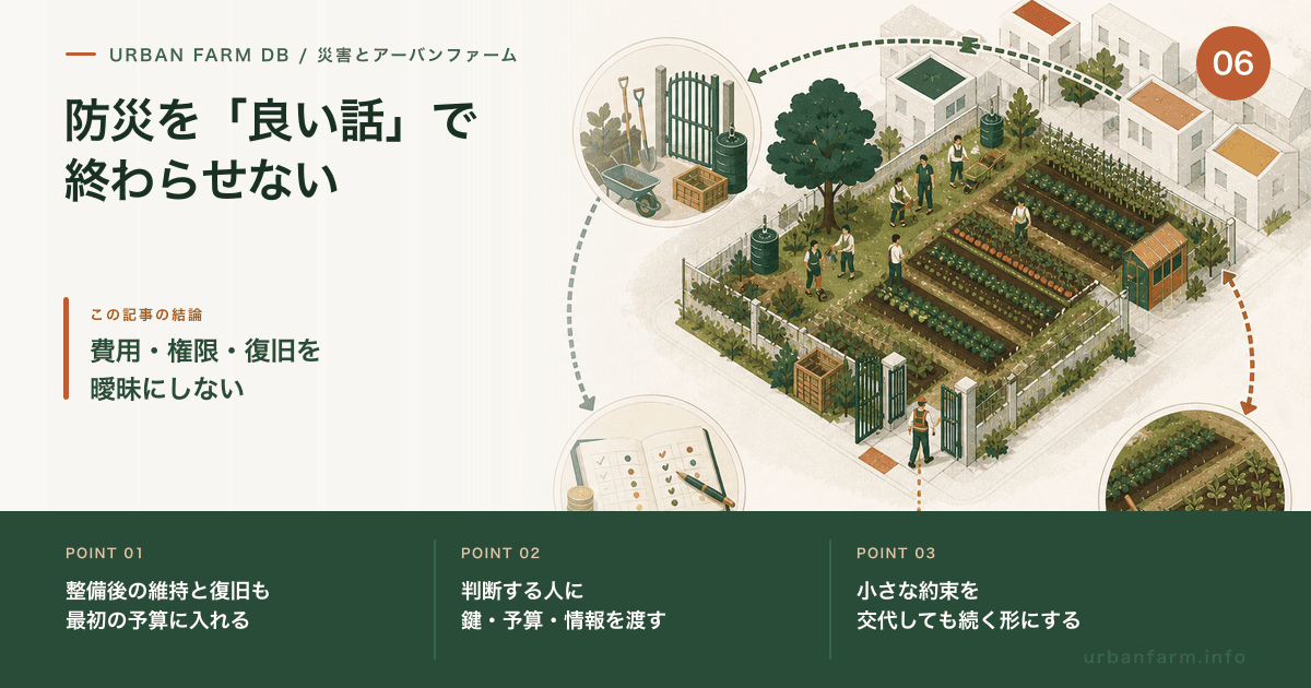Diagram linking urban-farm setup, maintenance and restoration with the people holding keys, budgets and authority