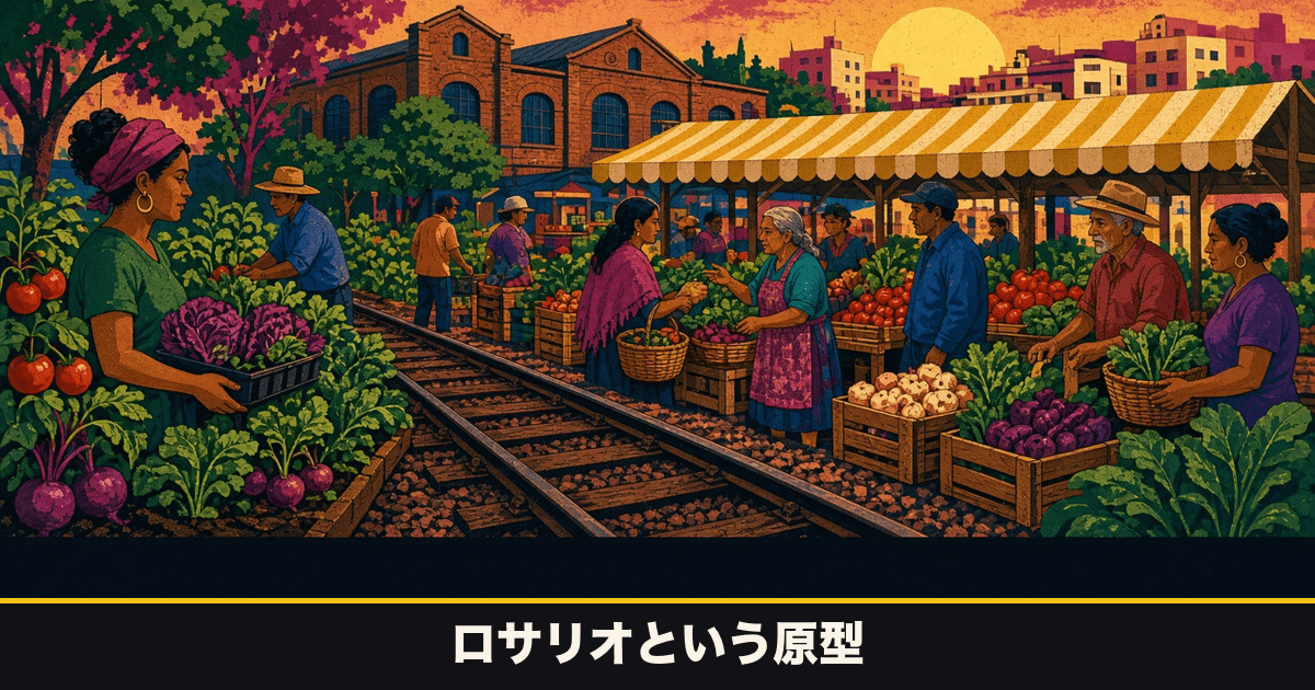 線路脇に畝が切られ、縞のテントの青空市で野菜を売っている壁画調のイラスト。レンガ倉庫と夕日。下の黒い帯に「ロサリオという原型」