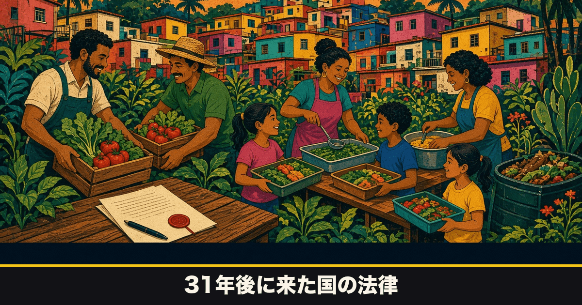 色のついた家が並ぶ斜面の下で、木箱のトマトと葉物を運び、給食トレーに盛っている壁画調のイラスト。手前に封蝋つきの文書とコンポスト容器。下の黒い帯に「31年後に来た国の法律」