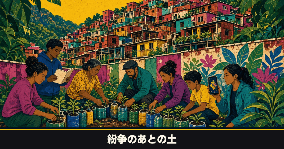 斜面に色の家が積み上がり、ペットボトルの苗を植える人々の壁画調のイラスト。壁の絵、登録簿、地図を映すスマートフォン。下の黒い帯に「紛争のあとの土」
