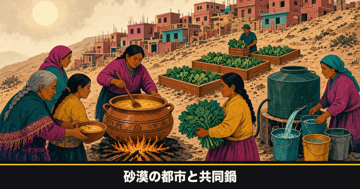 Mural-style illustration of a dry hillside settlement, people around a communal cooking pot, filling buckets from a water tank, and carrying greens from raised beds; black title band along the bottom