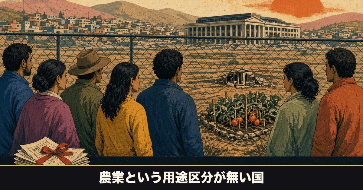 金網の向こうに小さなトマト畝と空き地、遠景に列柱の建物と斜面の家並み。手前にリボンで綴じた紙束。壁画調のイラスト。下の黒い帯に「農業という用途区分が無い国」